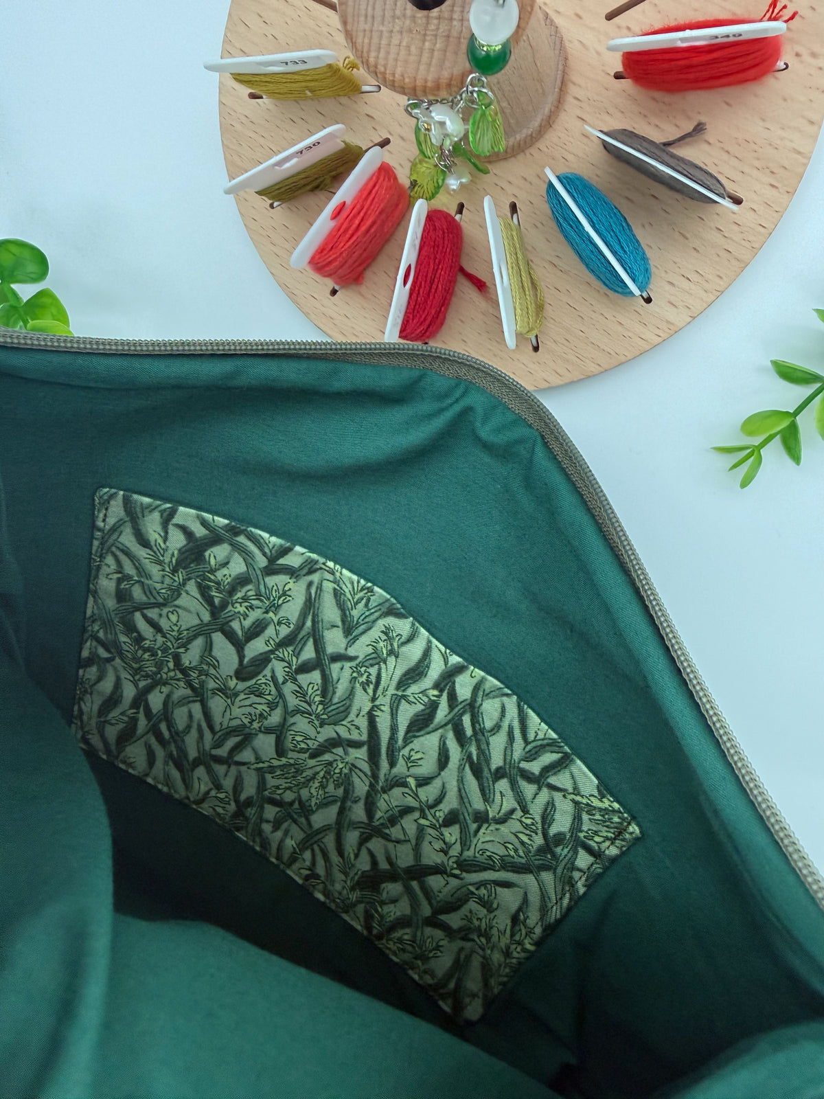 Green Cross Stitch Project Bag with Strap – Cotton Project Pouch