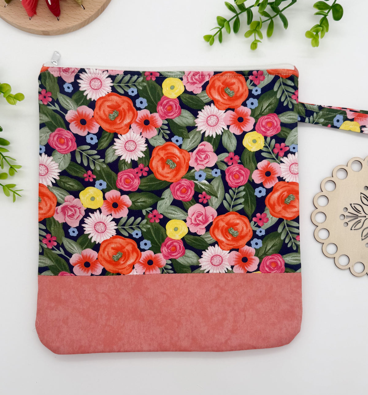 Floral Cross Stitch Project Bag with Strap – Cotton Project Pouch