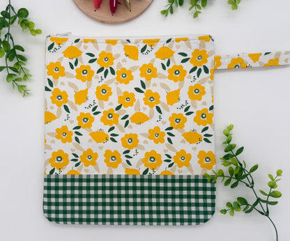 Yellow Floral Cross Stitch Project Bag with Strap – Cotton Project Pouch
