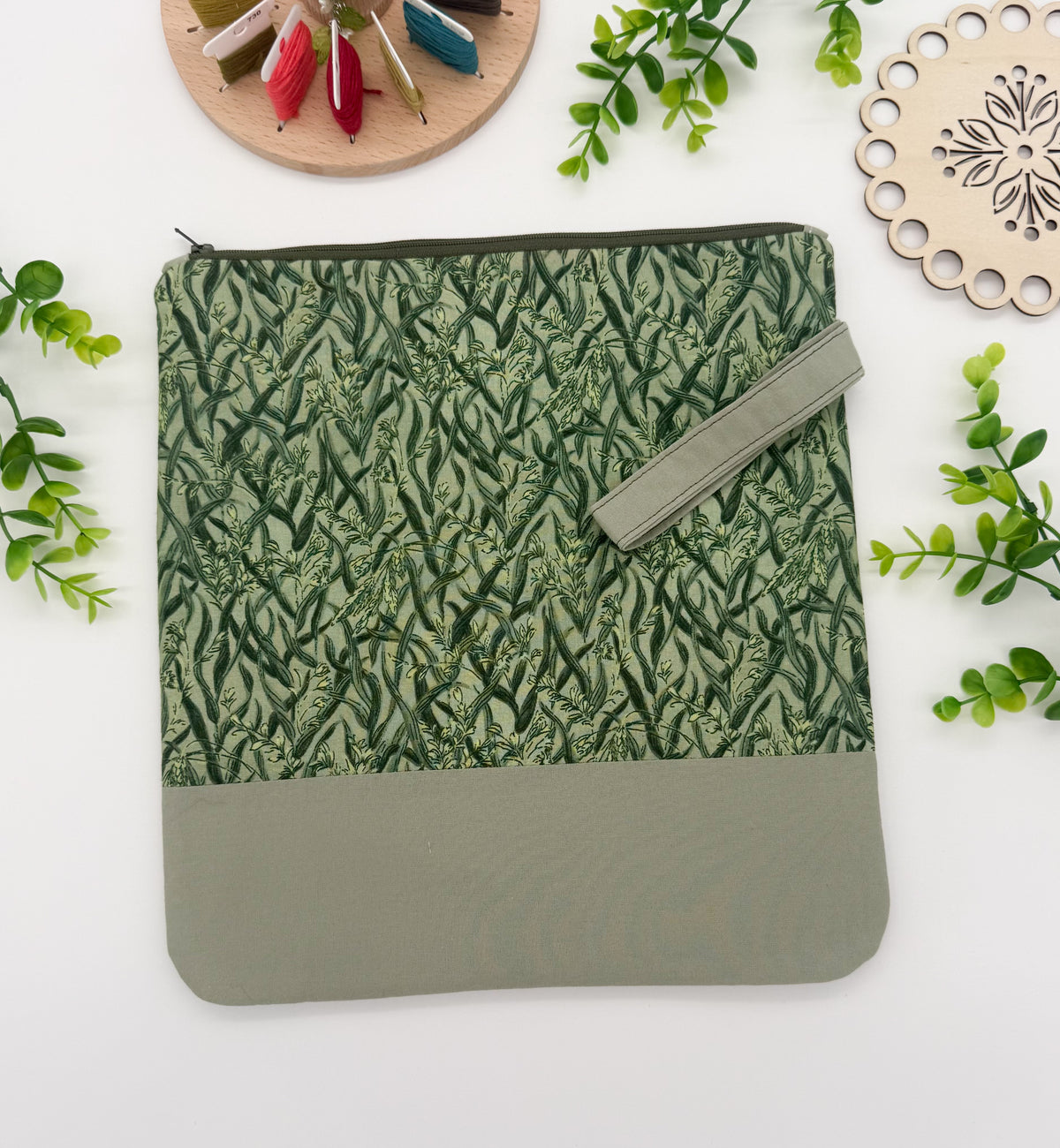 Green Cross Stitch Project Bag with Strap – Cotton Project Pouch