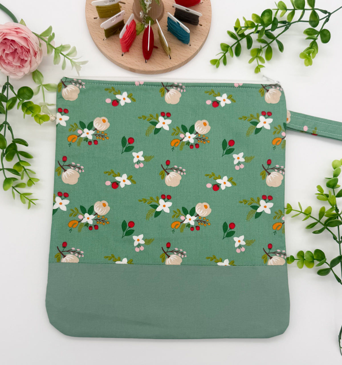Floral Cross Stitch Project Bag with Strap – Cotton Project Pouch