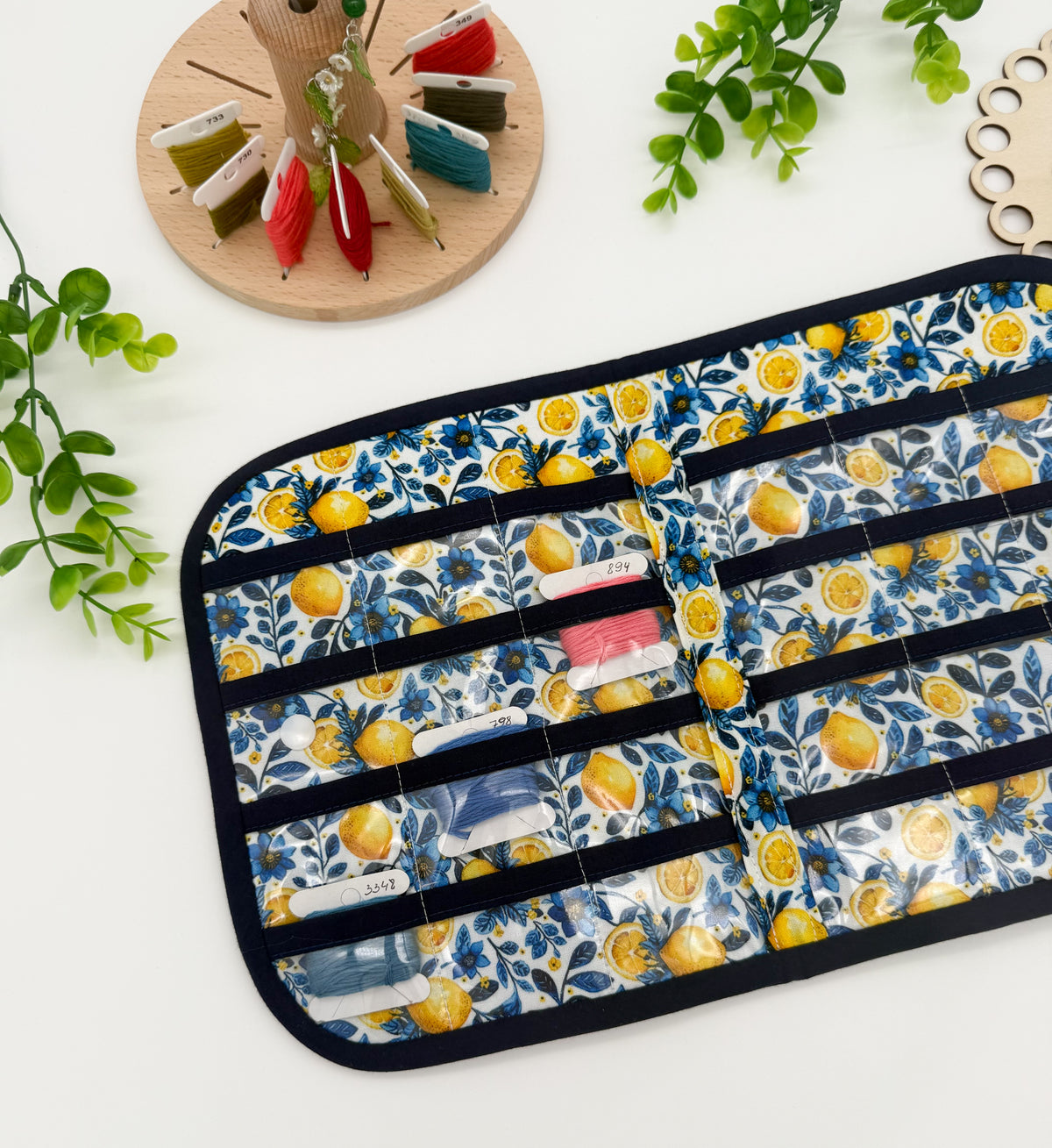 24-Pocket Lemon Print Cross Stitch Bobbin Storage Holder